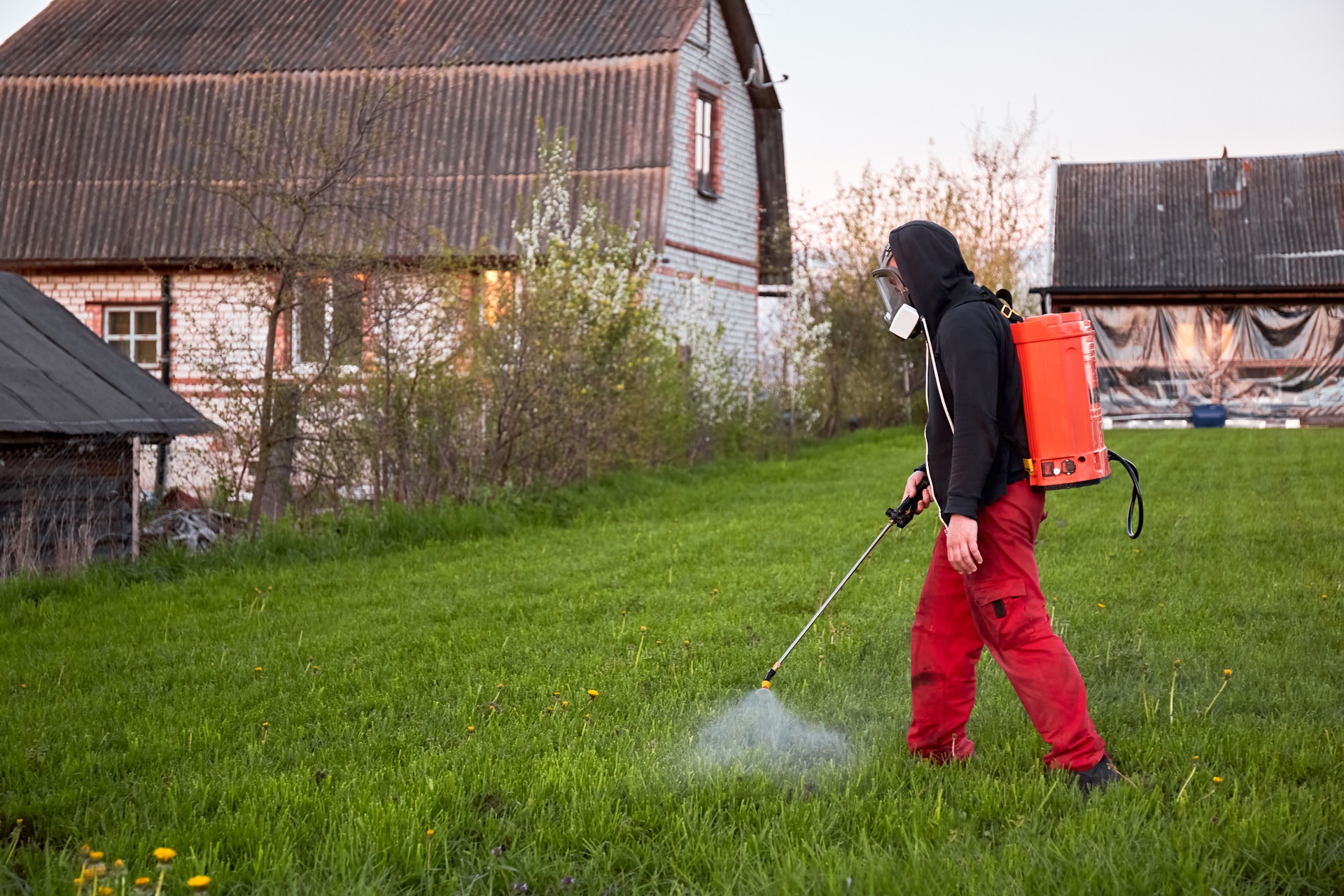 Farmers spraying pesticide on lawn field wearing protective clothing. Insecticide sprayer with a proper protection. Treatment of grass from weeds and dandelion. Copy space. Gardening care season. Man